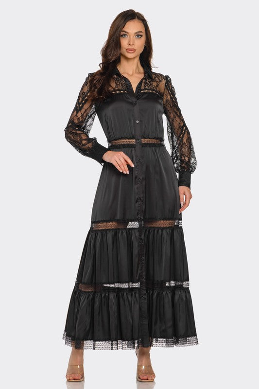 LACE TRIMMED SATIN MAXI DRESS