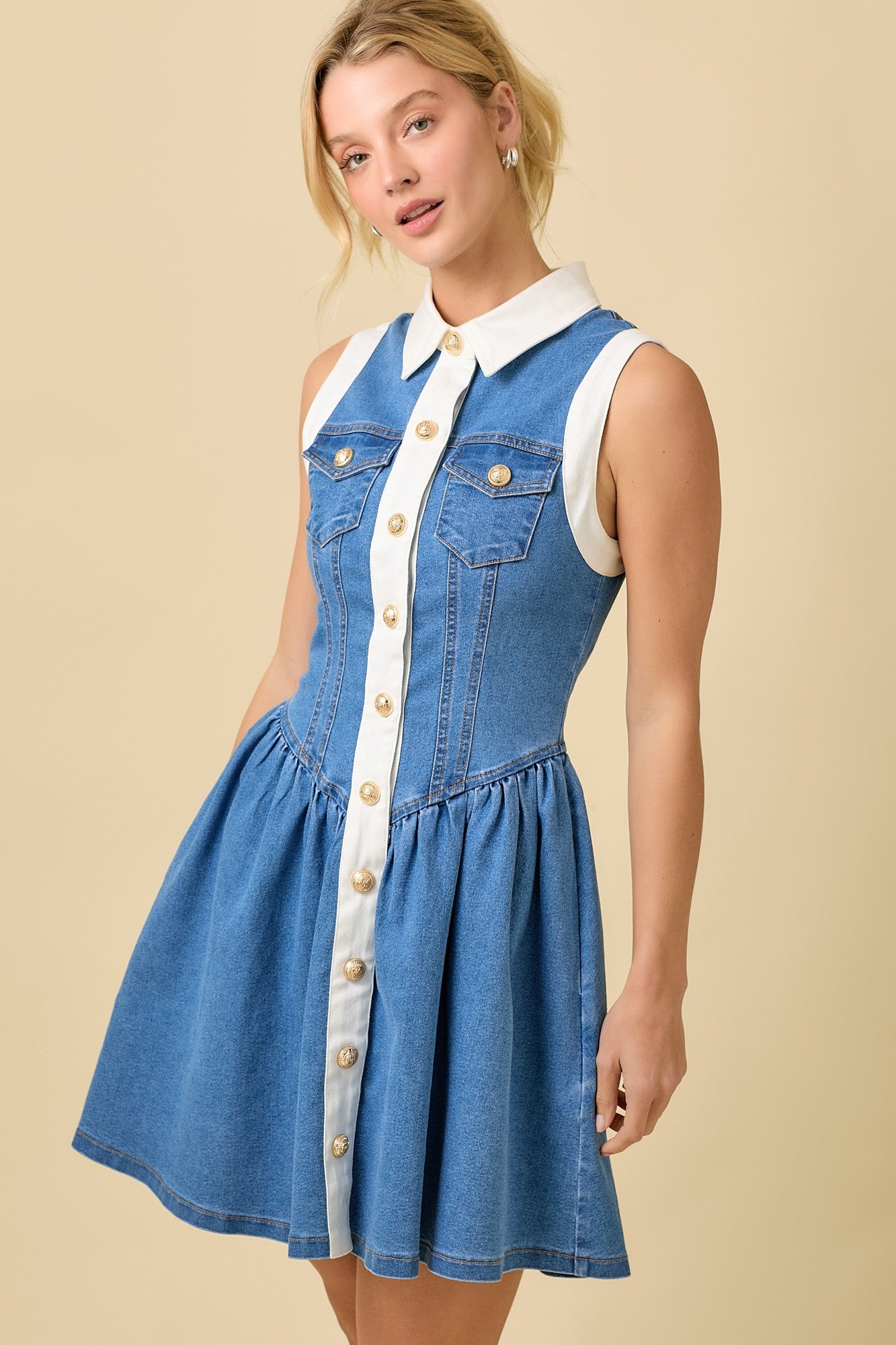 Collar Button Down Low Waist Denim Mini Dress