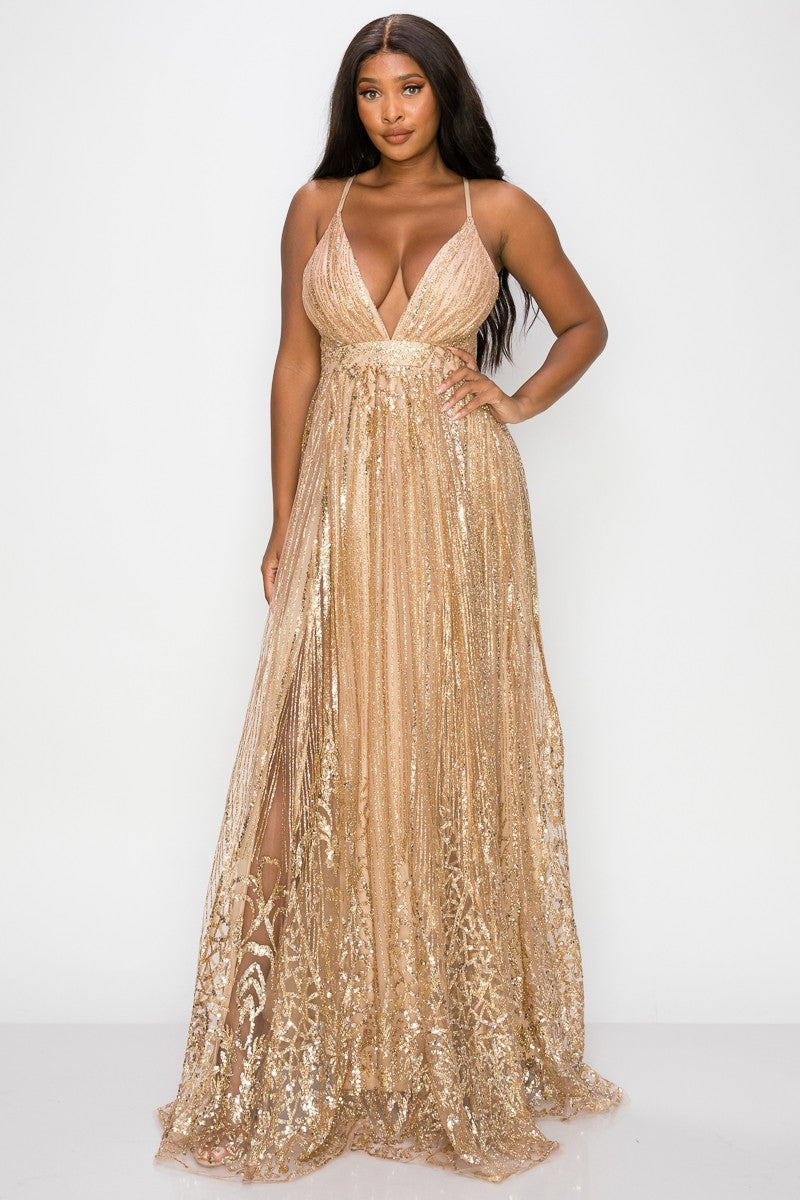 Sequence Strap Metallic Luxury Maxi Cocktail Dress