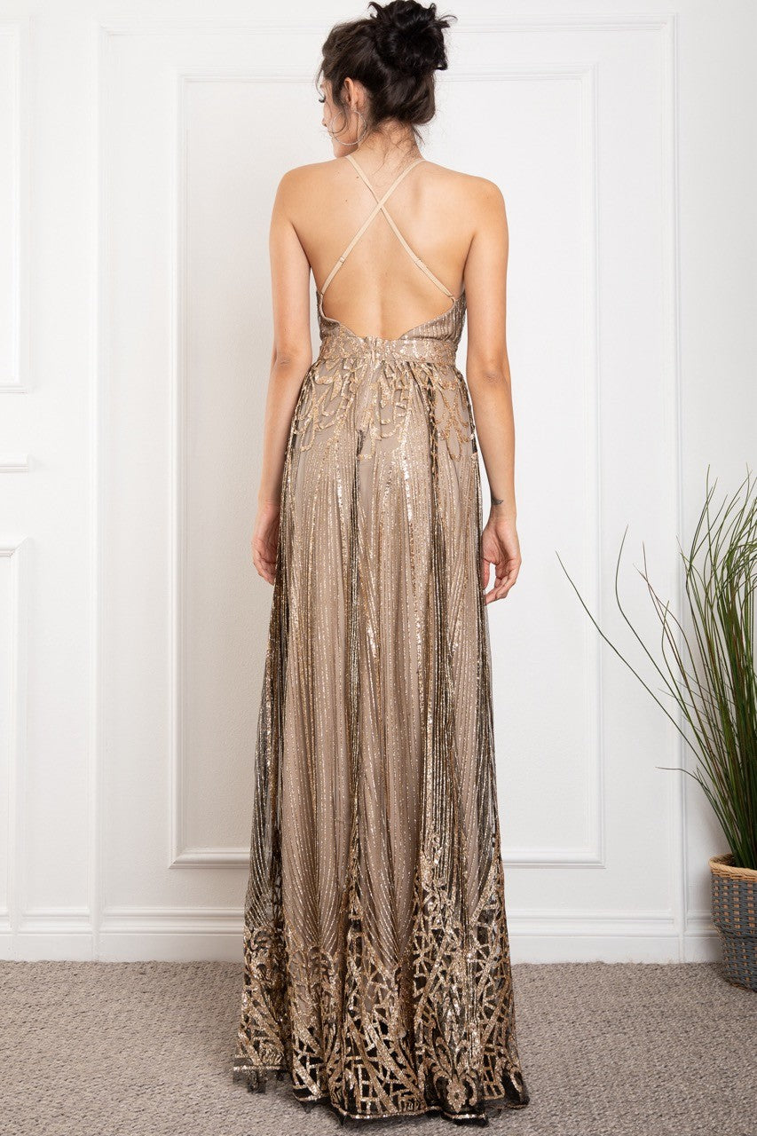 Sequence Strap Metallic Luxury Maxi Cocktail Dress