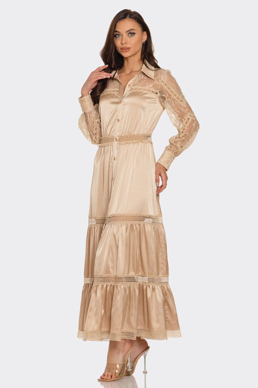 LACE TRIMMED SATIN MAXI DRESS