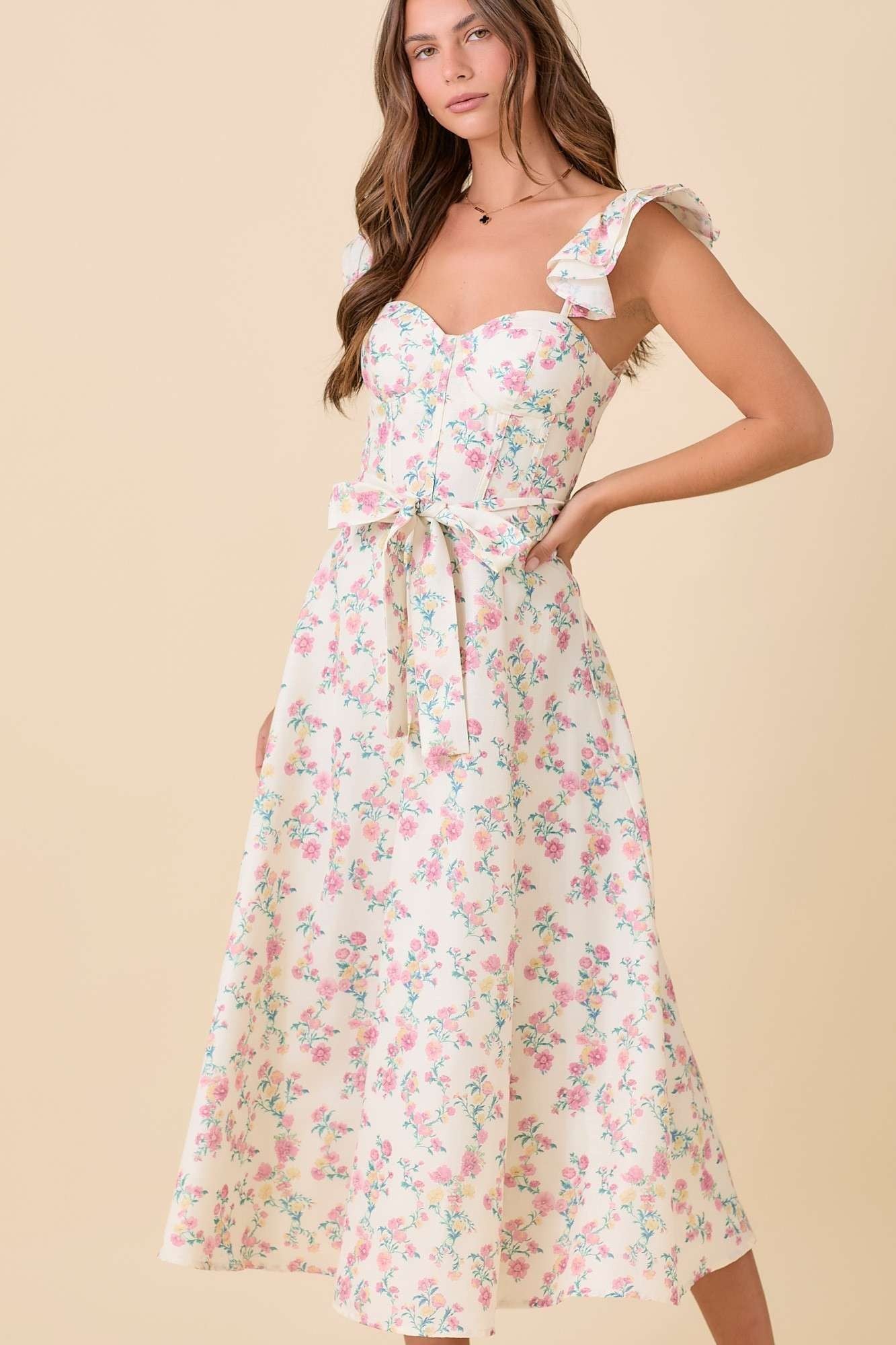 Floral Printed Ruffle Sleeve Summer Midi Dress