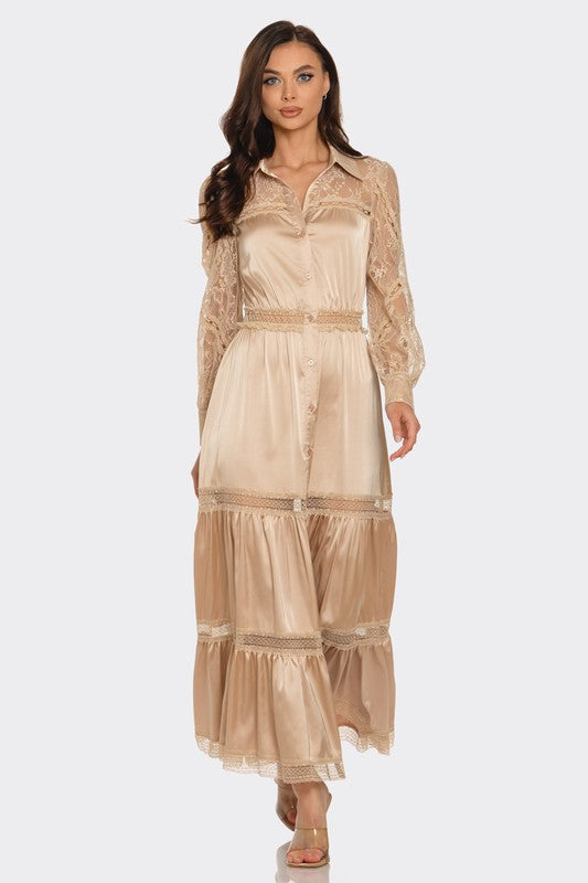 LACE TRIMMED SATIN MAXI DRESS