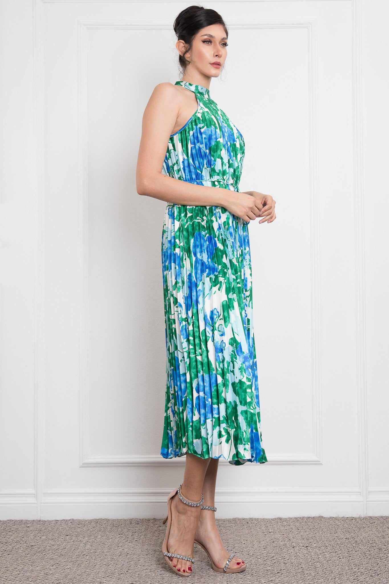 Pleated Halter Neck Printed Satin Midi Dress