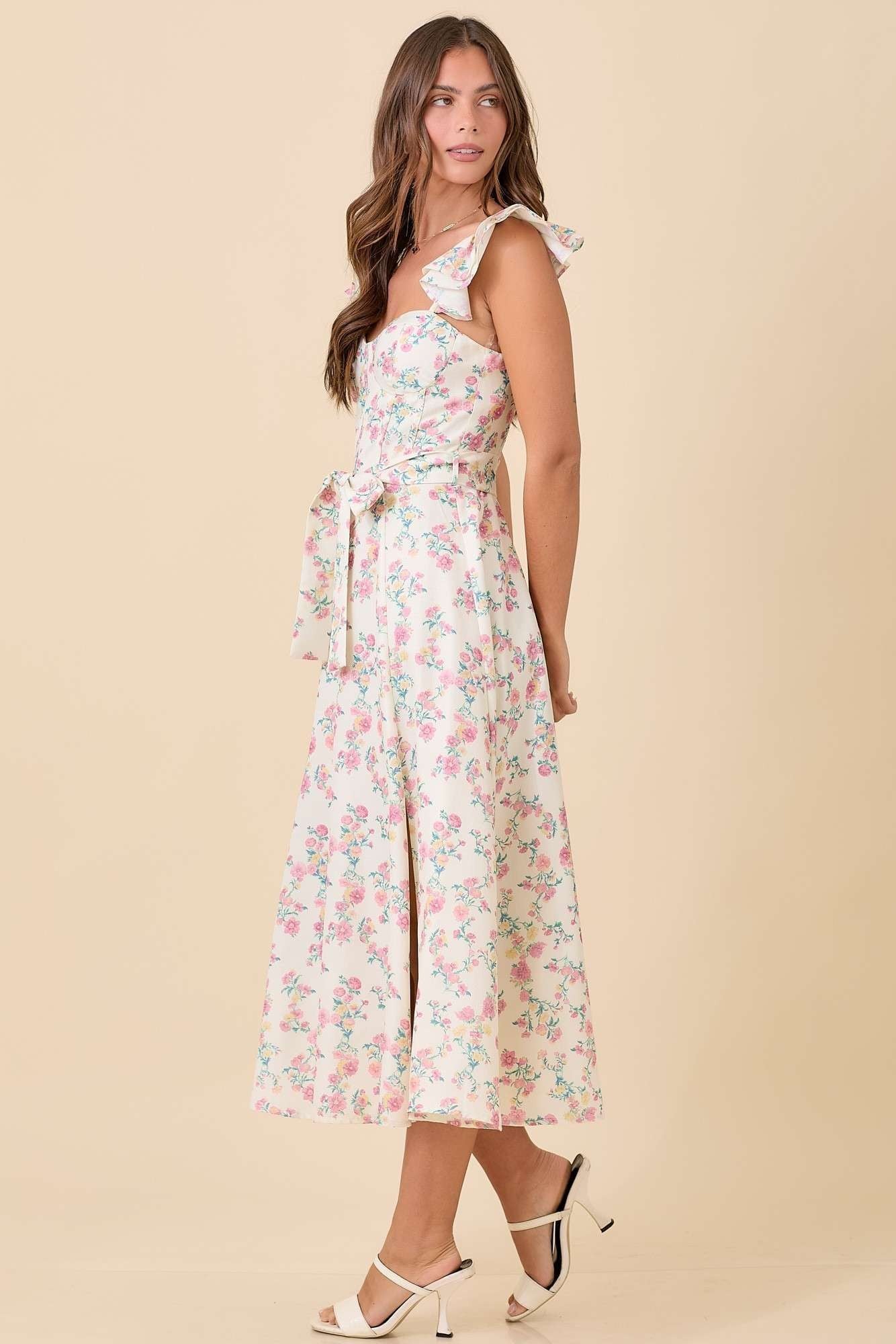 Floral Printed Ruffle Sleeve Summer Midi Dress