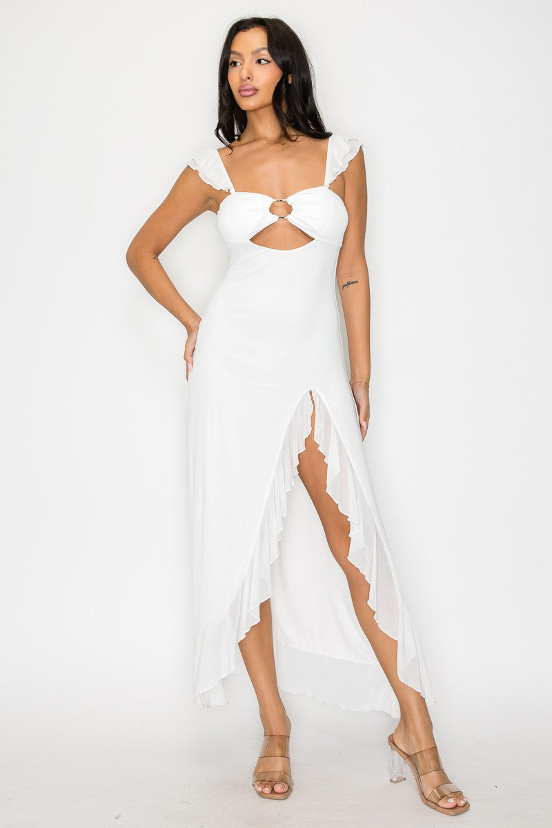 Solid Cut Out Slit Ruffle Maxi Dress