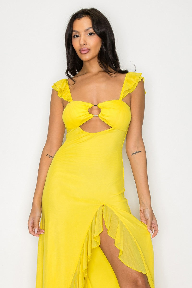 Solid Cut Out Slit Ruffle Maxi Dress