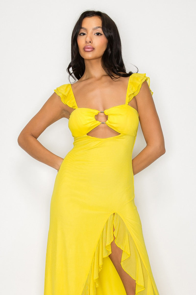 Solid Cut Out Slit Ruffle Maxi Dress
