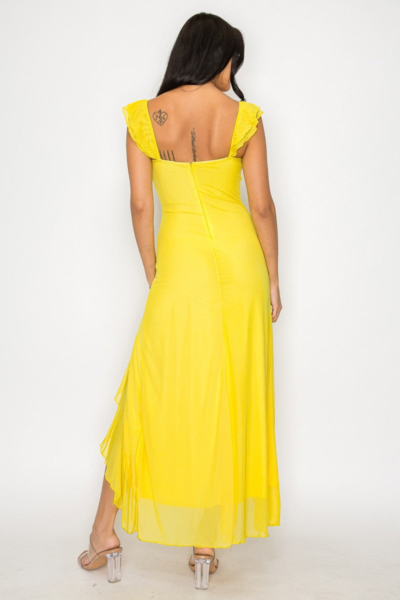 Solid Cut Out Slit Ruffle Maxi Dress