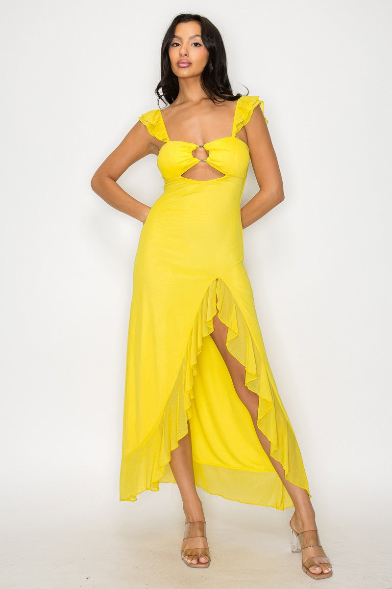 Solid Cut Out Slit Ruffle Maxi Dress