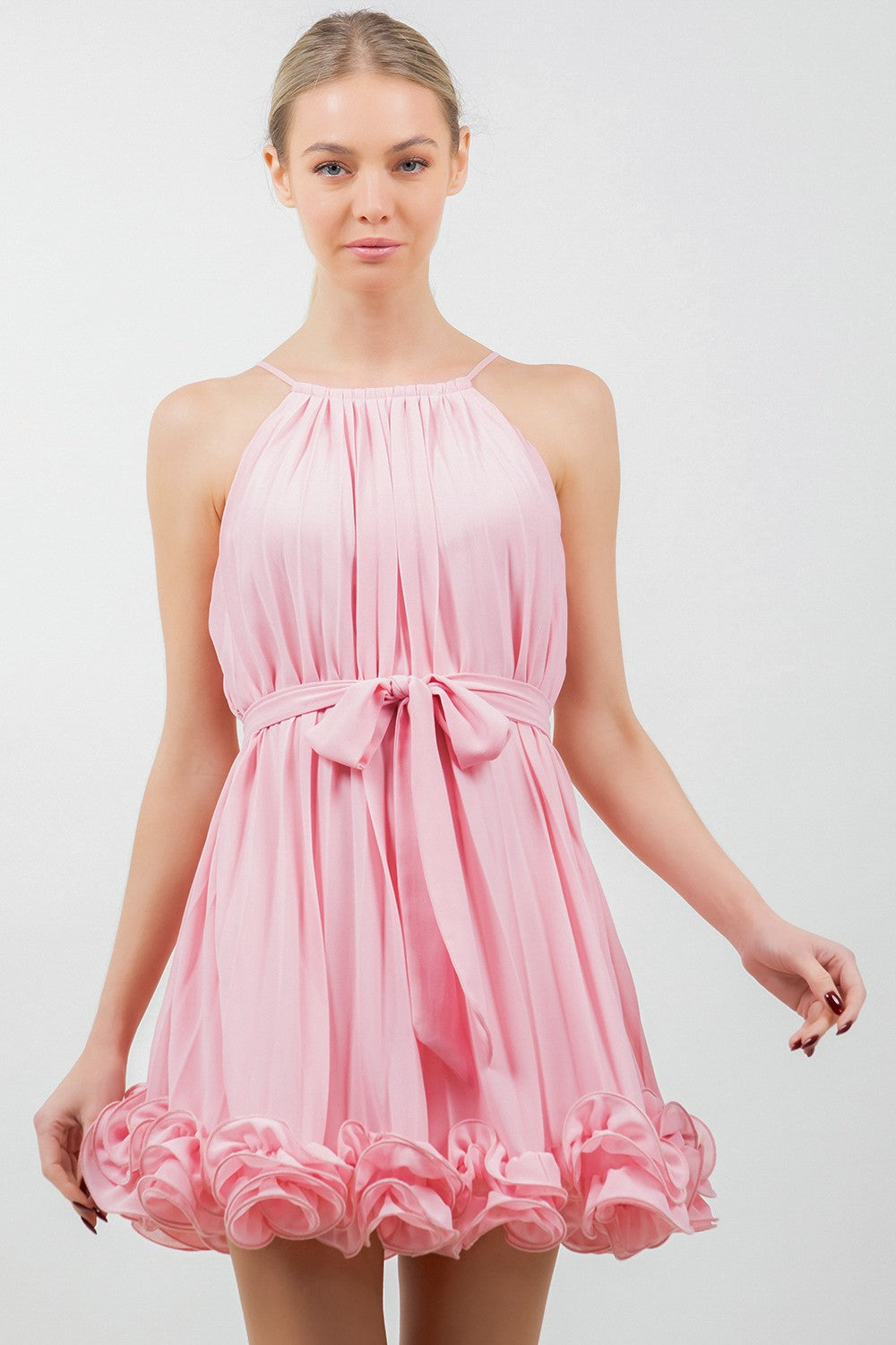 Chiffon Allover Pleated Tie Waist Wired Hem Dress