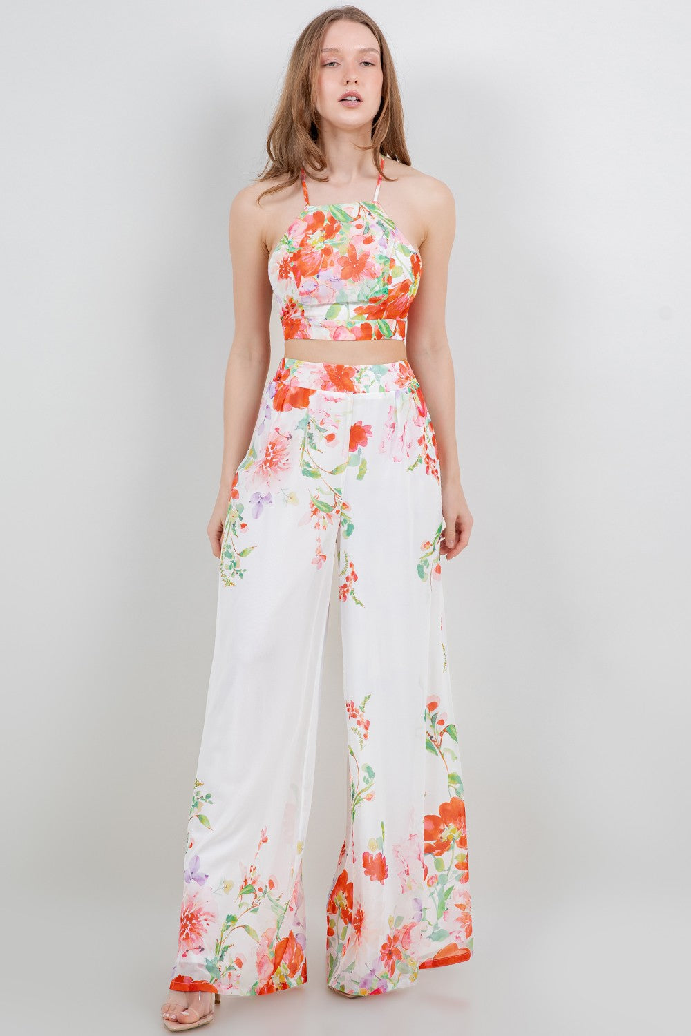 Tie Back Cropped Top And Wide Leg Pants Set