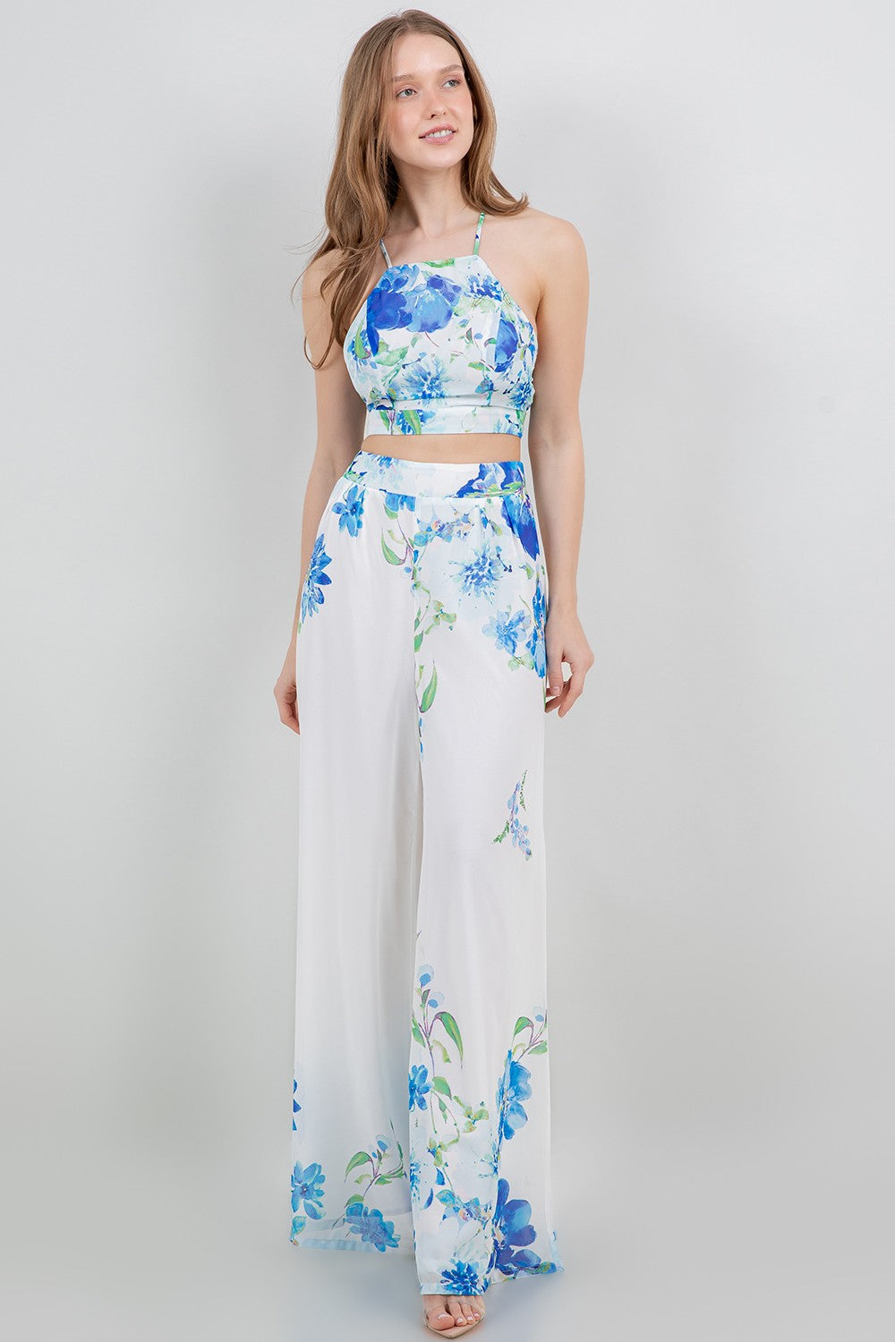 Tie Back Cropped Top And Wide Leg Pants Set