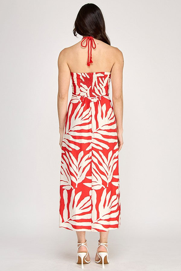 Printed Rope Neck Detail Midi Dress