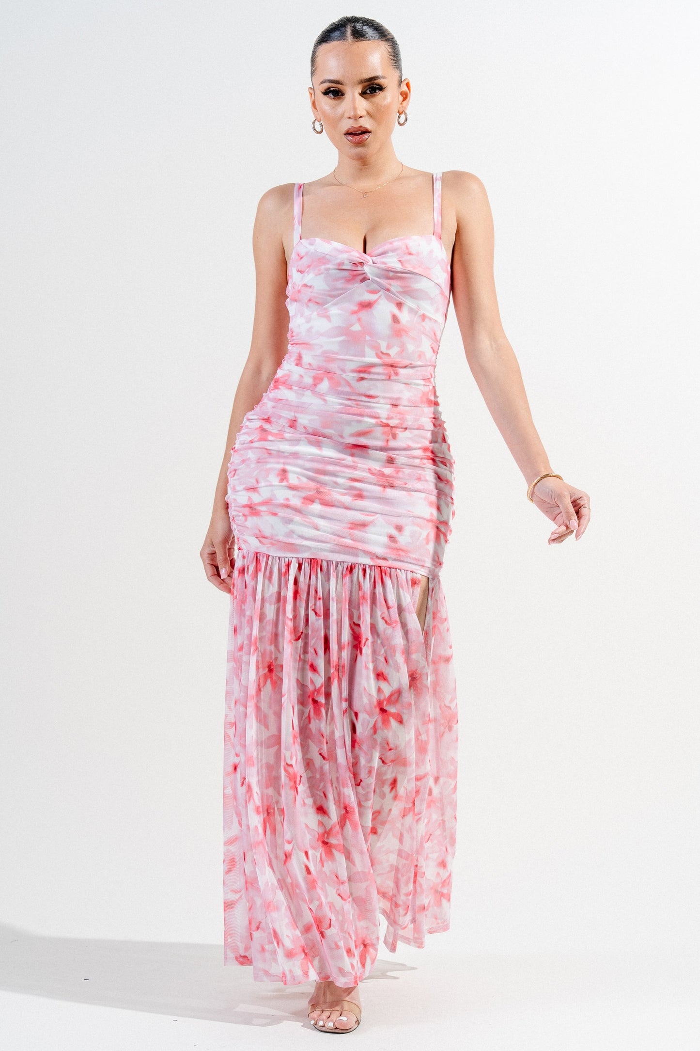 Mesh Print Twist Detail Front Slit Maxi Dress