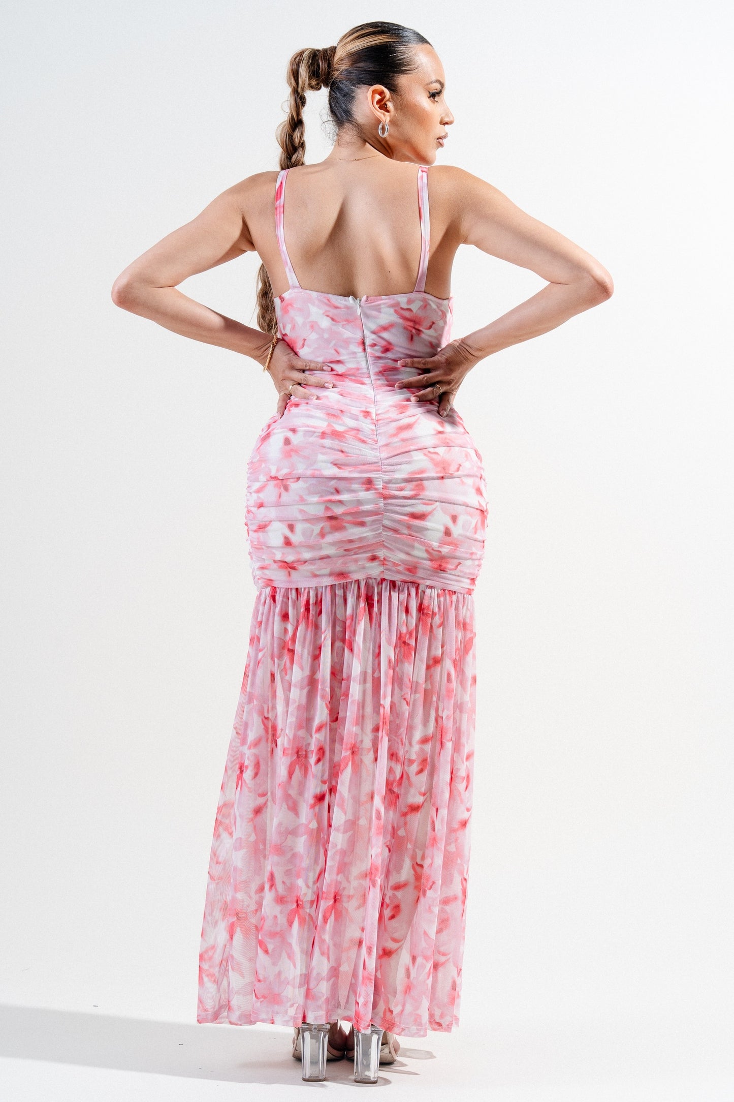 Mesh Print Twist Detail Front Slit Maxi Dress