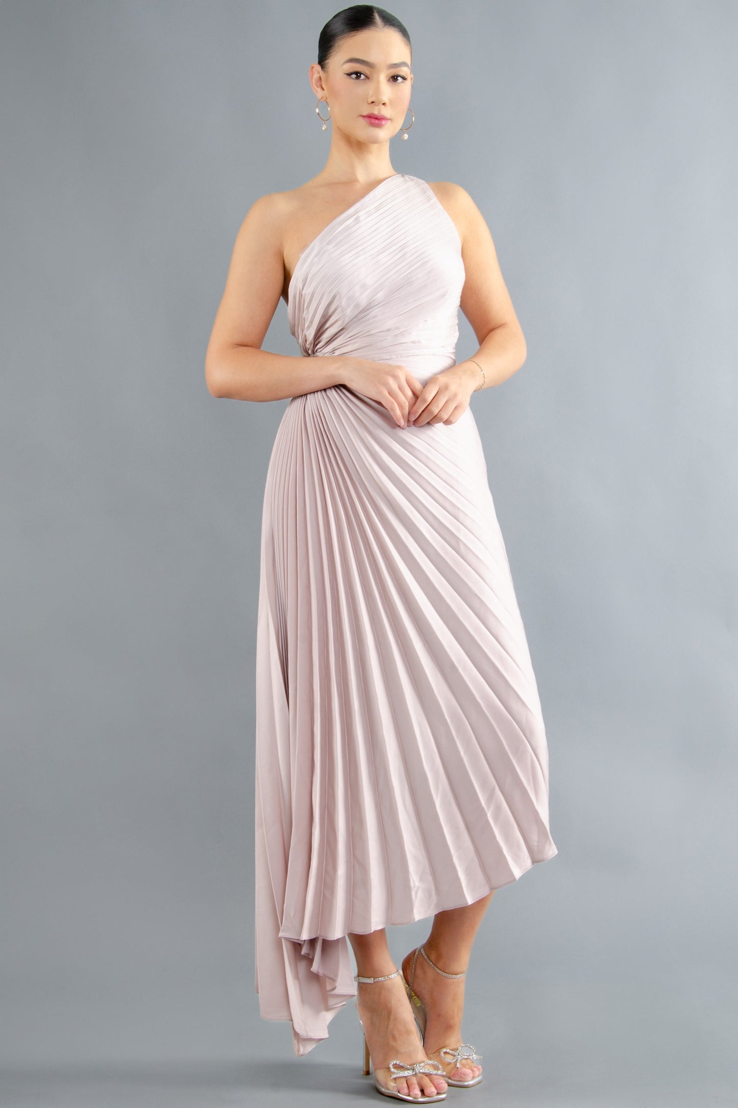 Solid Ruched Pleated One Shoulder Hi Low Dress