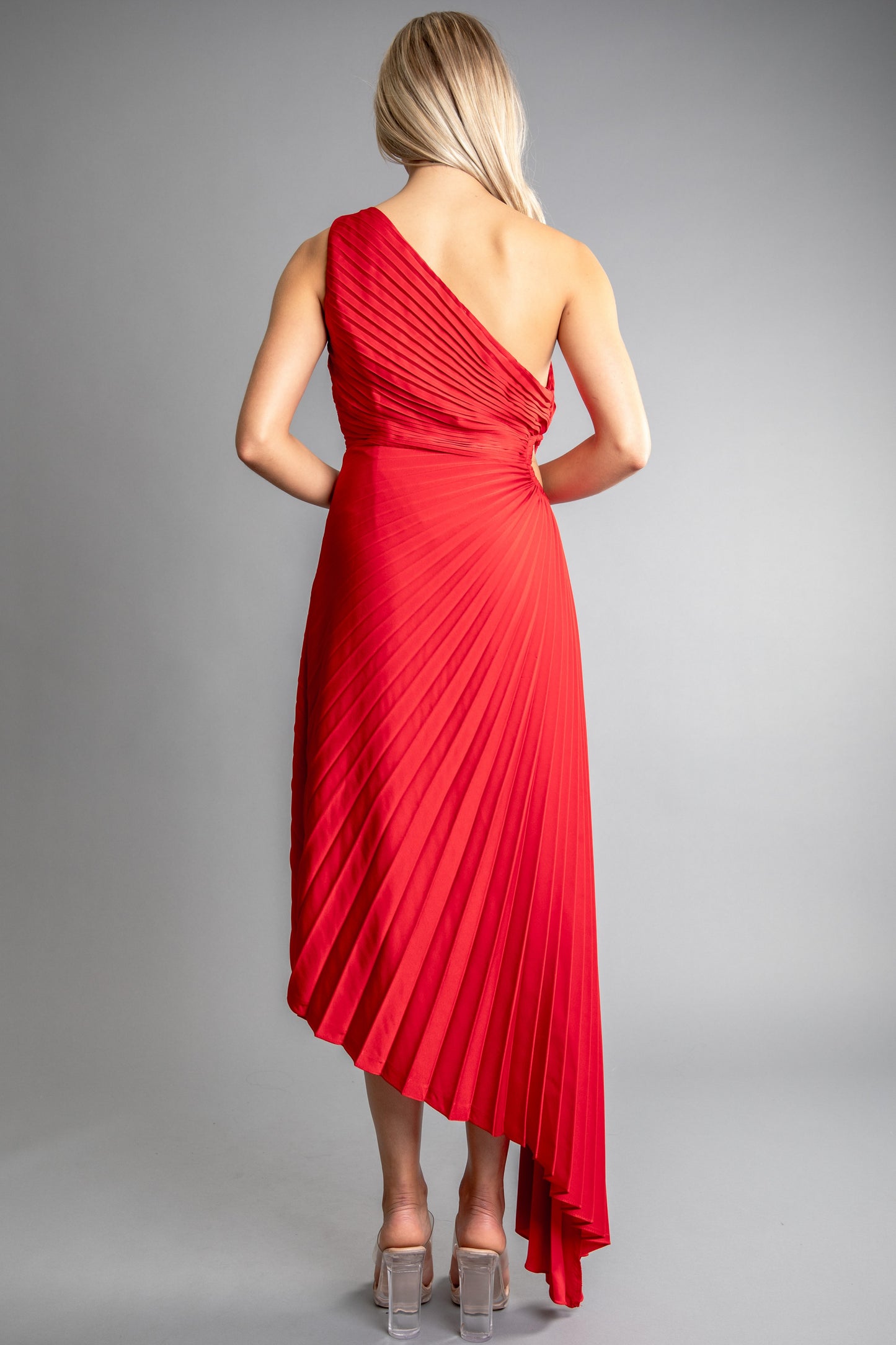Solid Ruched Pleated One Shoulder Hi Low Dress