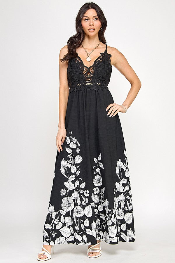 Crochet Detail with Printed Maxi Dress