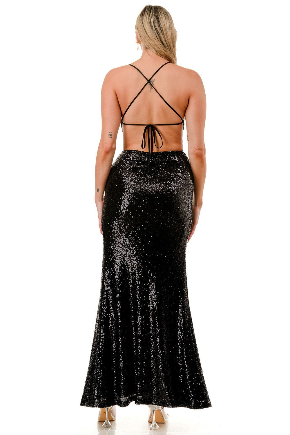 Sequin V-neck Open Back Maxi Cocktail Dress