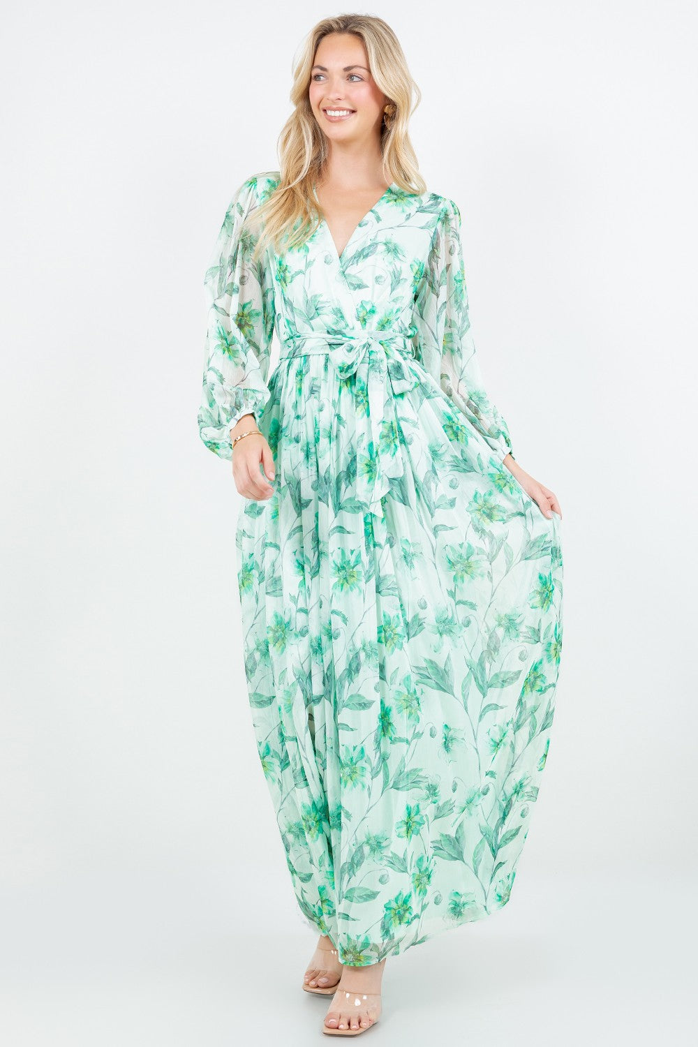 Silky Crinkle Chiffon Long Sleeve Maxi Dress