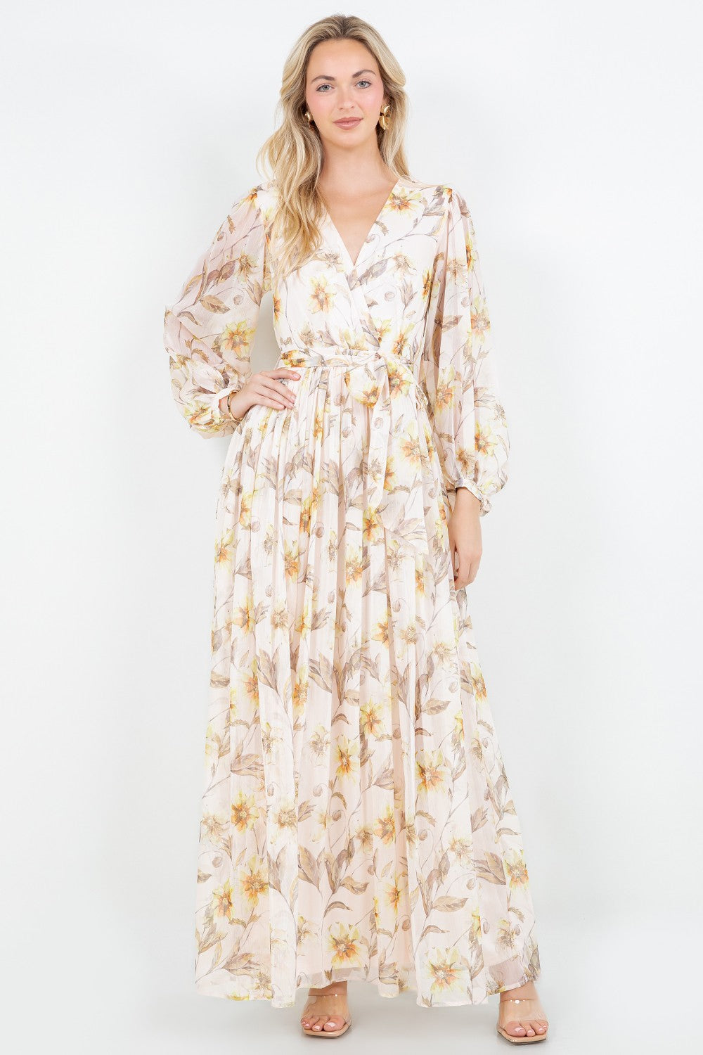 Silky Crinkle Chiffon Long Sleeve Maxi Dress