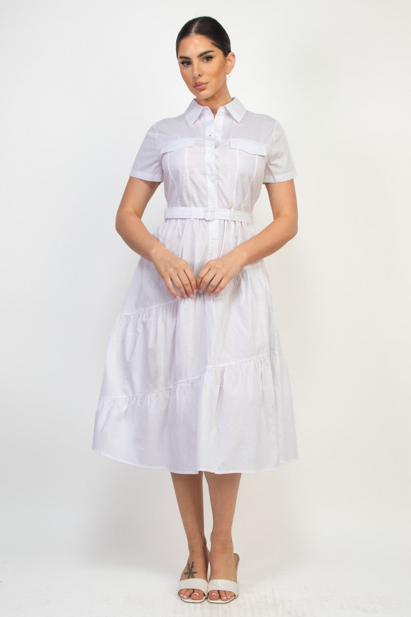 Belted Long Shirt Tiered Midi Dress