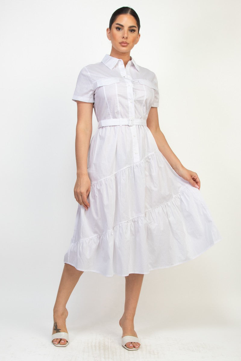 Belted Long Shirt Tiered Midi Dress