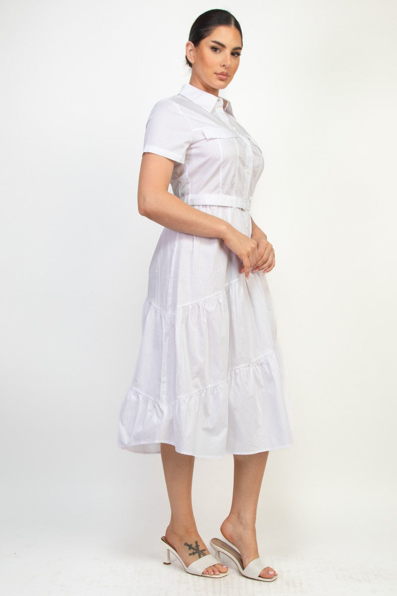 Belted Long Shirt Tiered Midi Dress