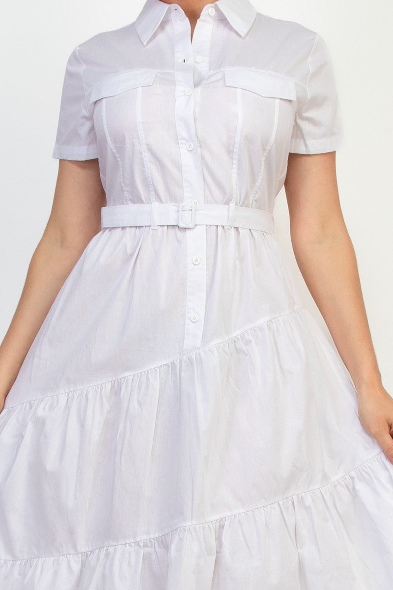 Belted Long Shirt Tiered Midi Dress