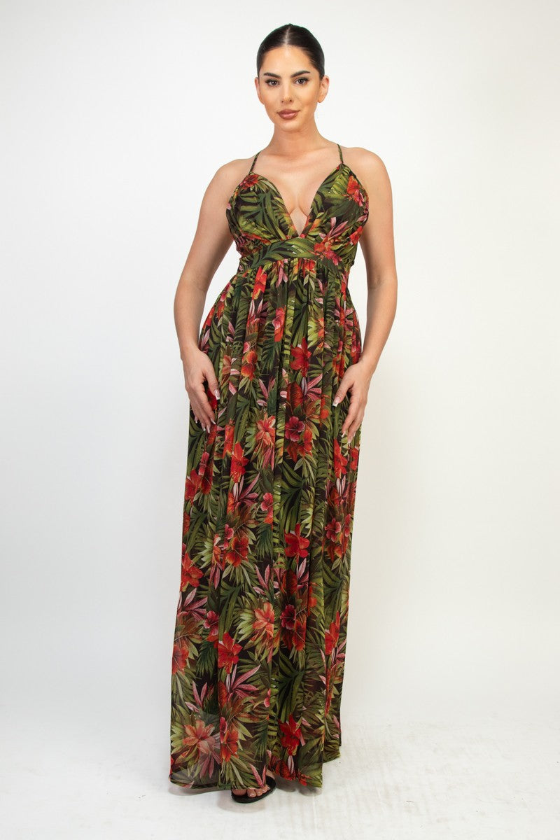 Tropical Printed Crisscross Plunging Dress
