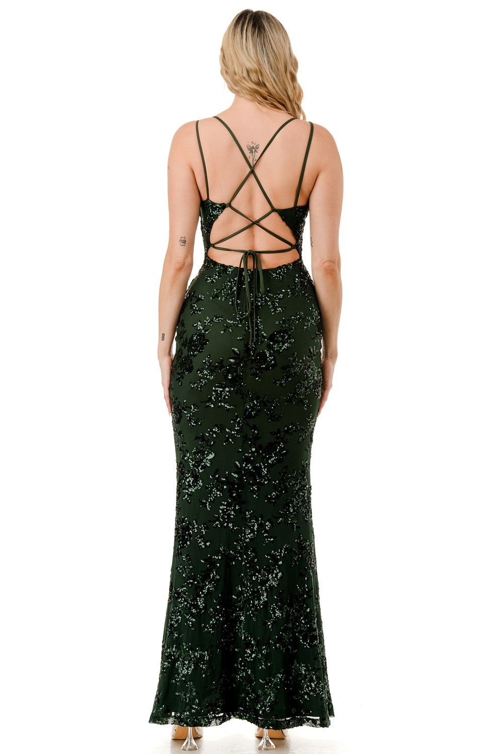 Floral Sequin Crossed Back Mermaid Maxi Cocktail Dress