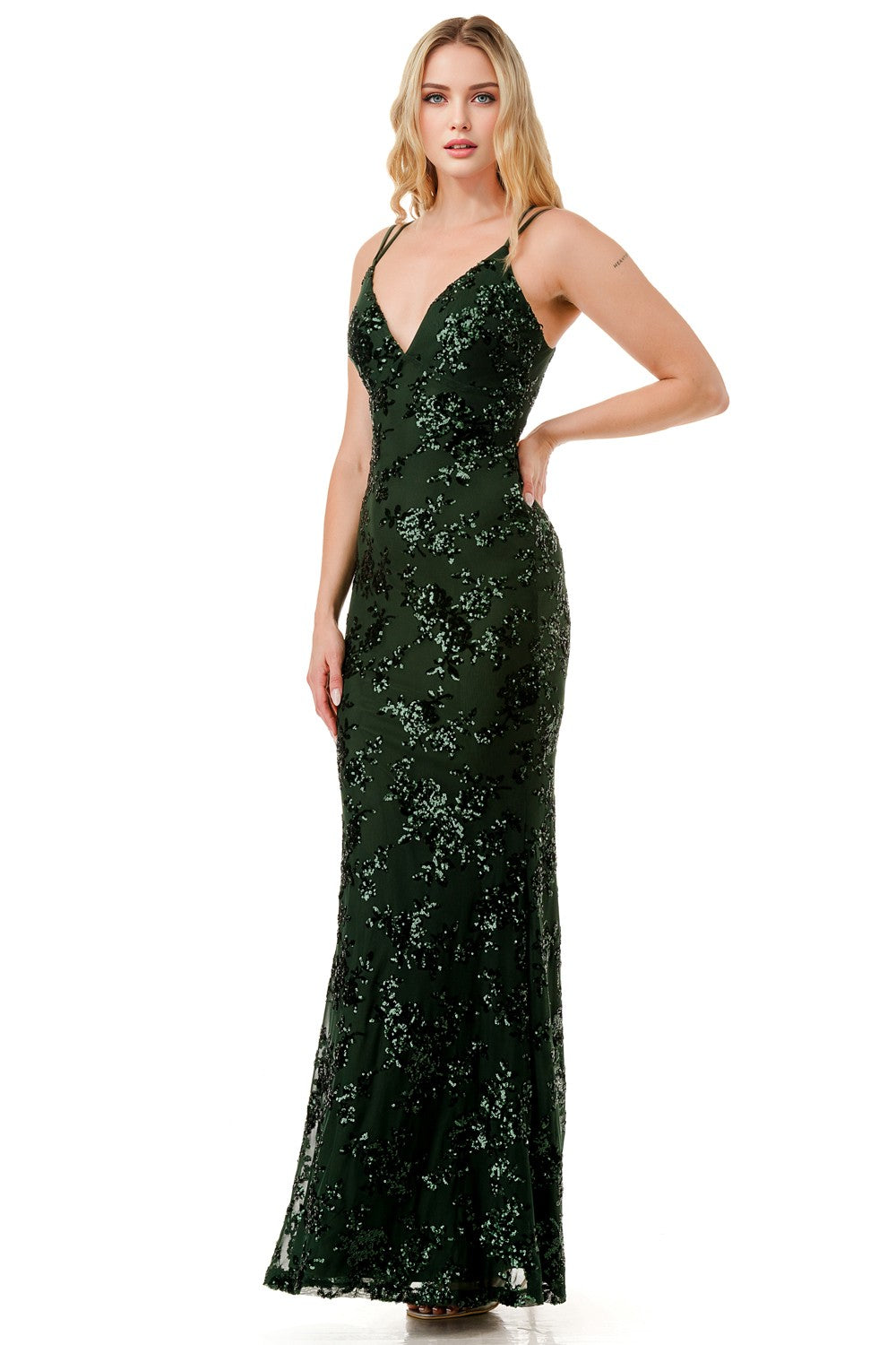 Floral Sequin Crossed Back Mermaid Maxi Cocktail Dress