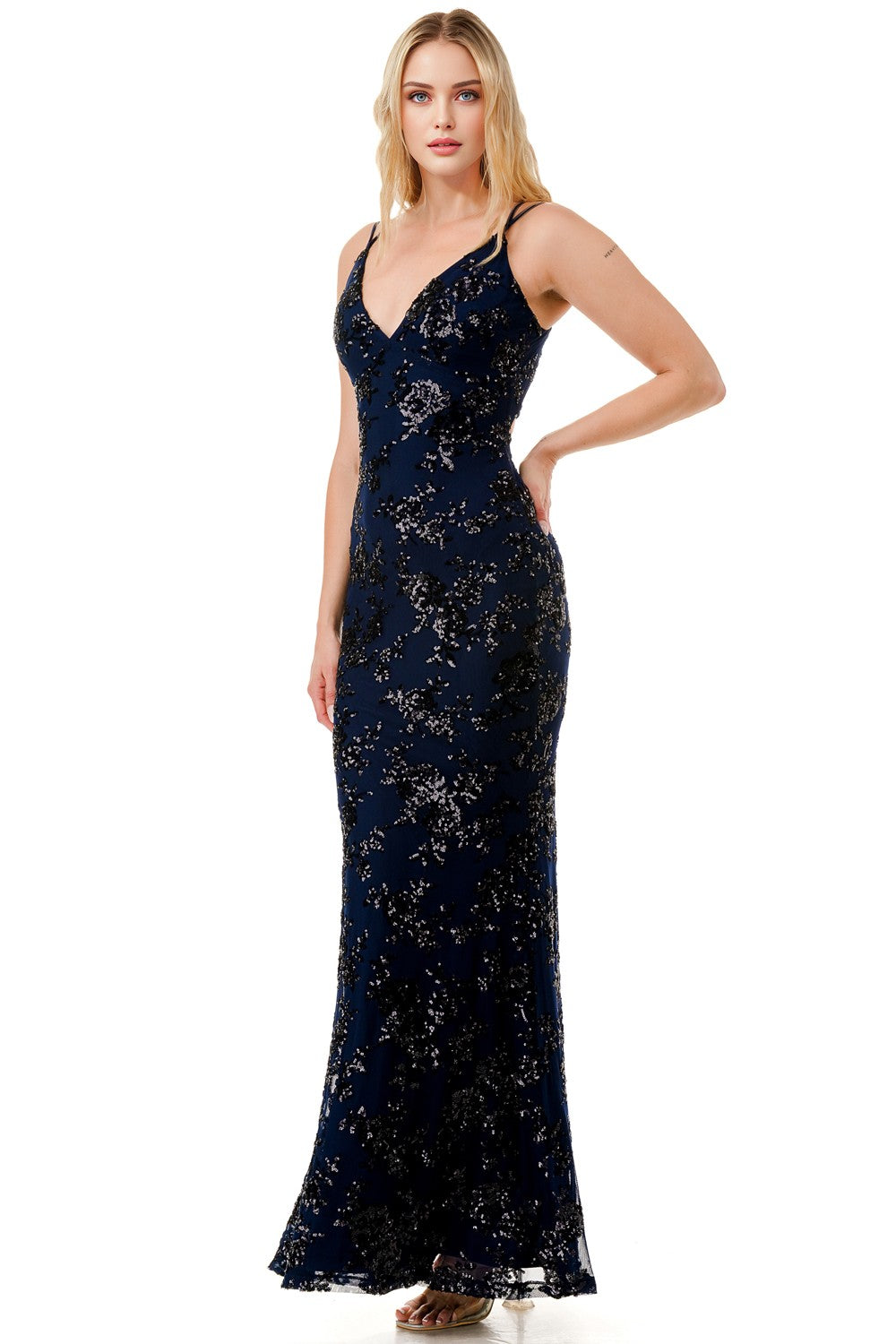 Floral Sequin Crossed Back Mermaid Maxi Cocktail Dress