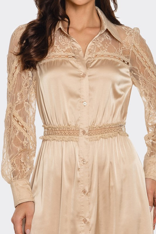 LACE TRIMMED SATIN MAXI DRESS