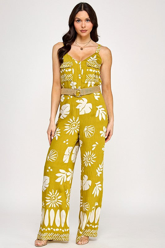 BORDER PRINTED SLEEVELESS JUMPSUIT