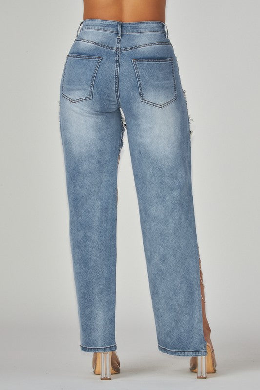 CHANELLE RHINESTONE DENIM PANTS