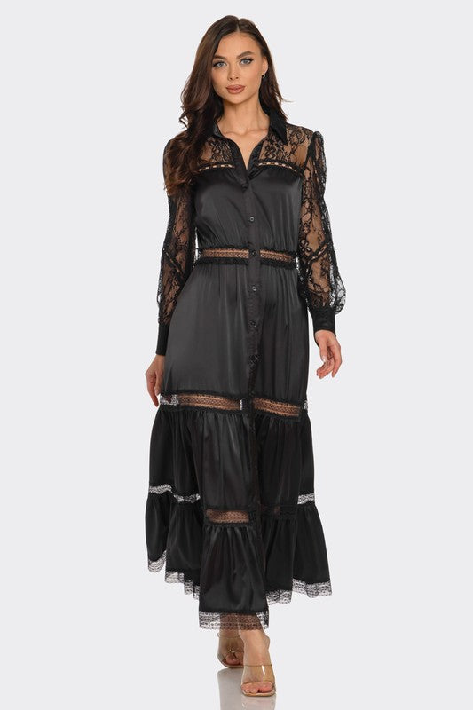 LACE TRIMMED SATIN MAXI DRESS