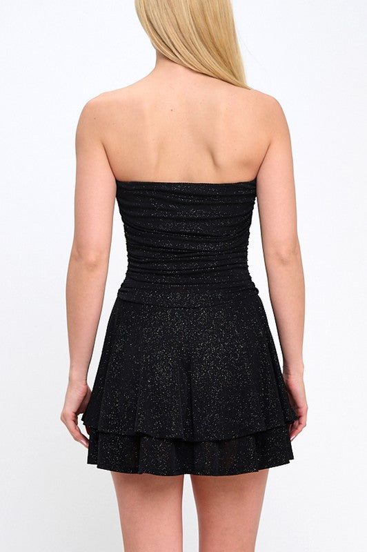 GLITTER RUCHED DOUBLE LAYER SKIRT MINI PARTY DRESS