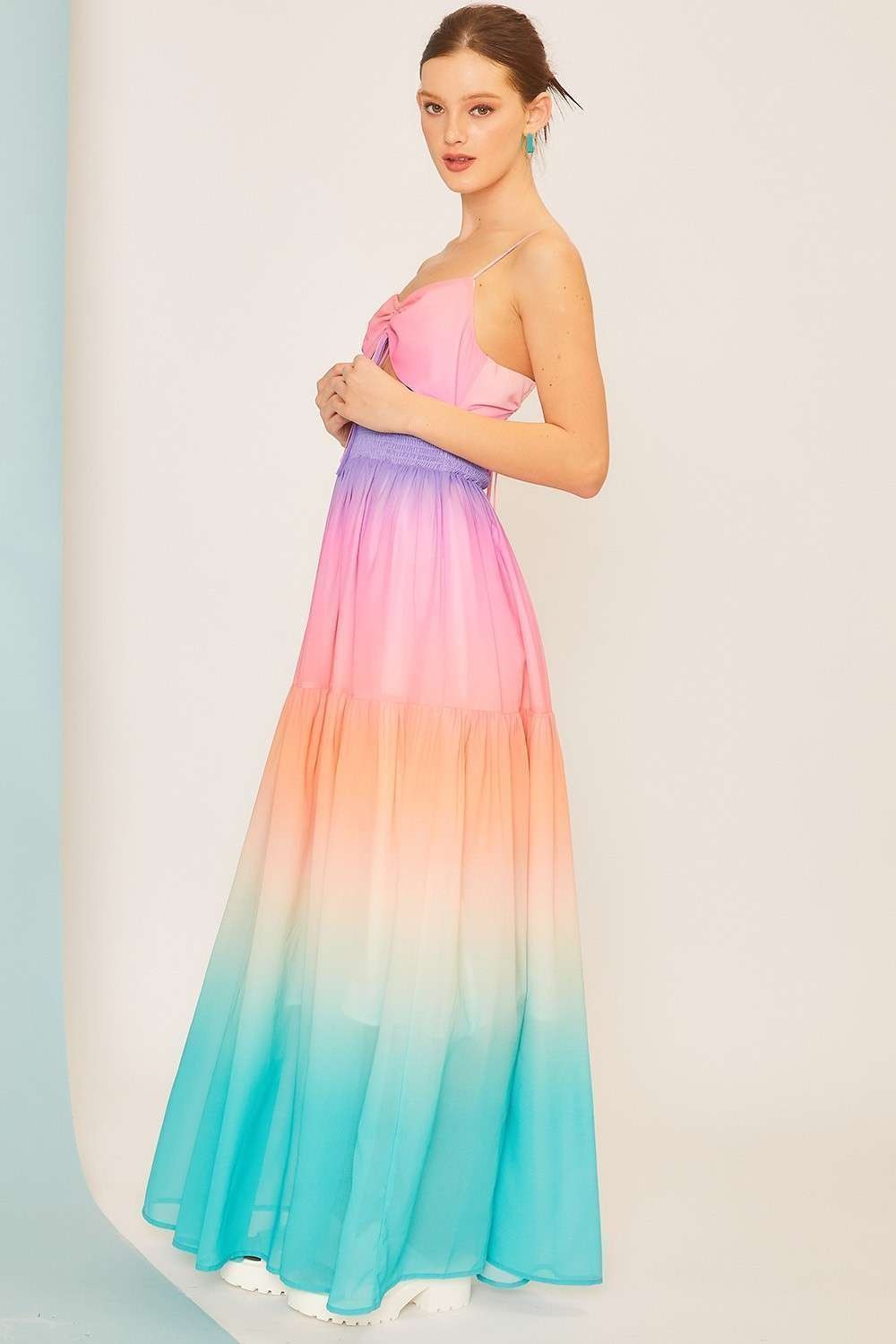 Tie Waist Smoking Ombre Print Summer Maxi Dress