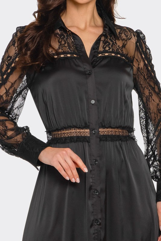 LACE TRIMMED SATIN MAXI DRESS