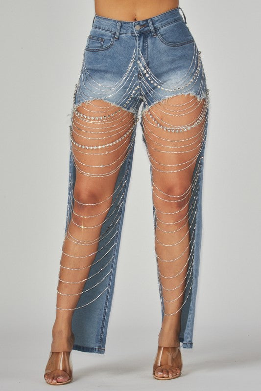 CHANELLE RHINESTONE DENIM PANTS
