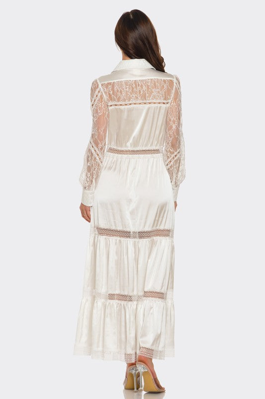 LACE TRIMMED SATIN MAXI DRESS