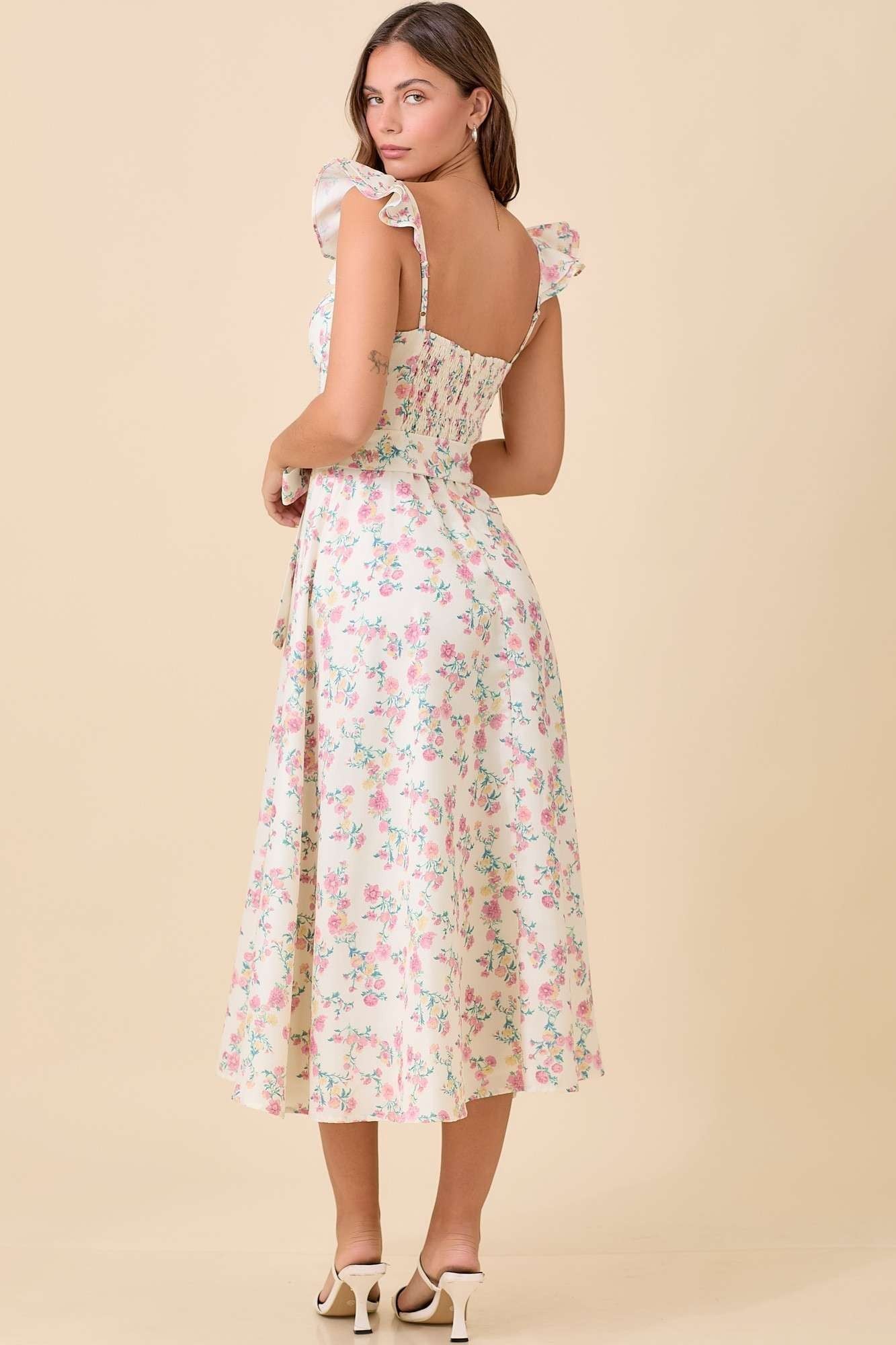 Floral Printed Ruffle Sleeve Summer Midi Dress