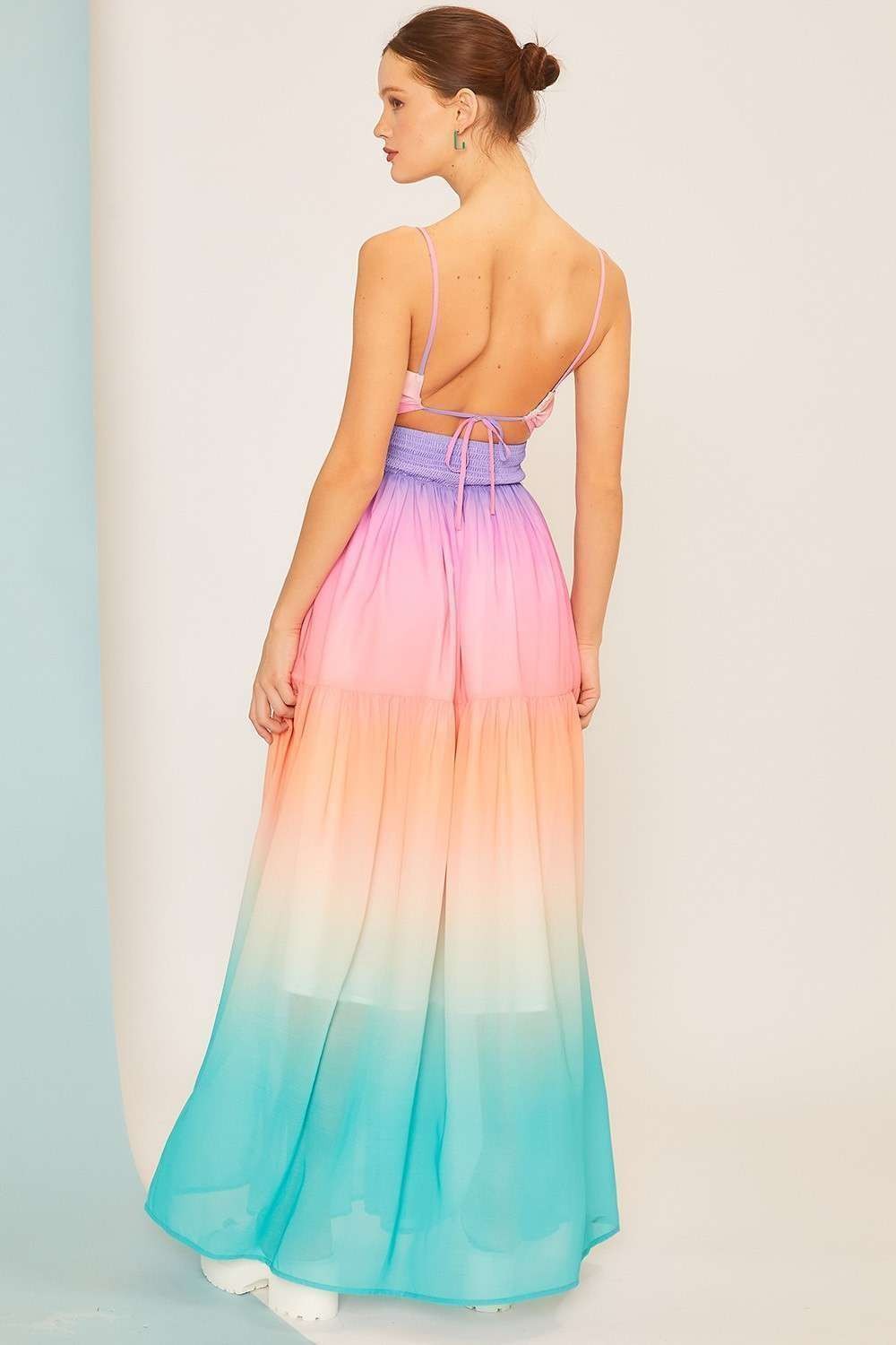 Tie Waist Smoking Ombre Print Summer Maxi Dress