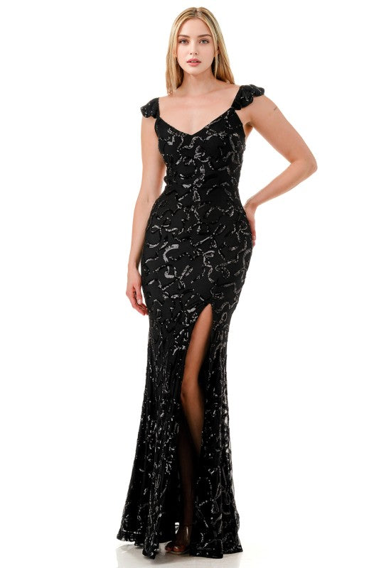 SEQUIN RIBBON RUFFLED MERMAID MAXI DRESS