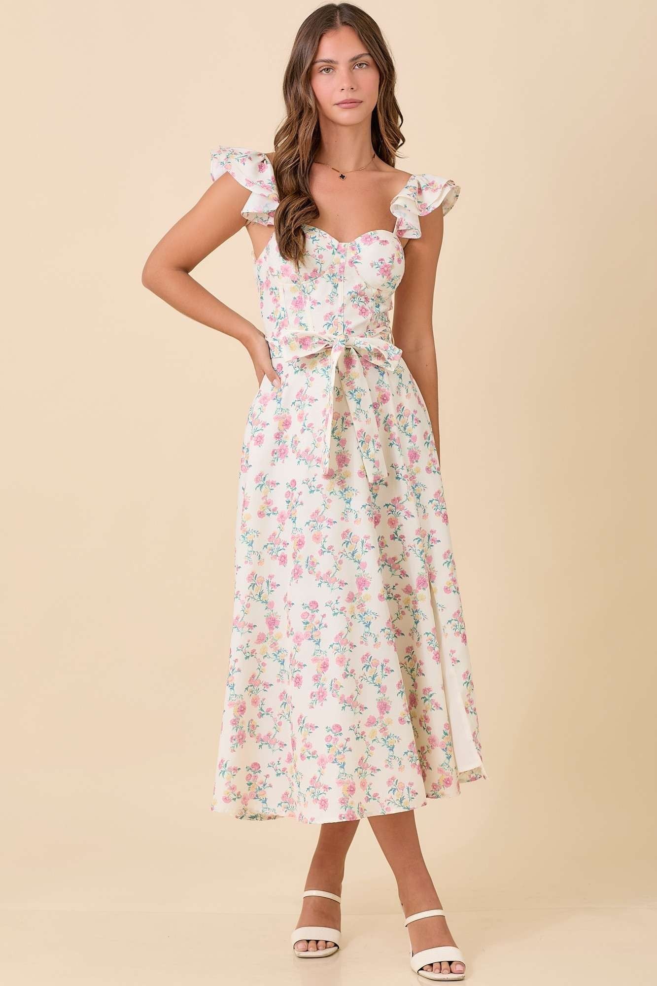 Floral Printed Ruffle Sleeve Summer Midi Dress