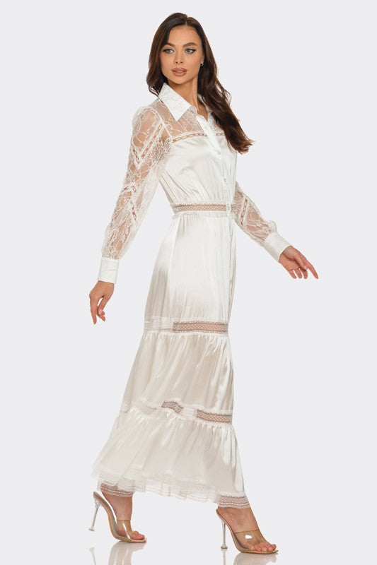 LACE TRIMMED SATIN MAXI DRESS