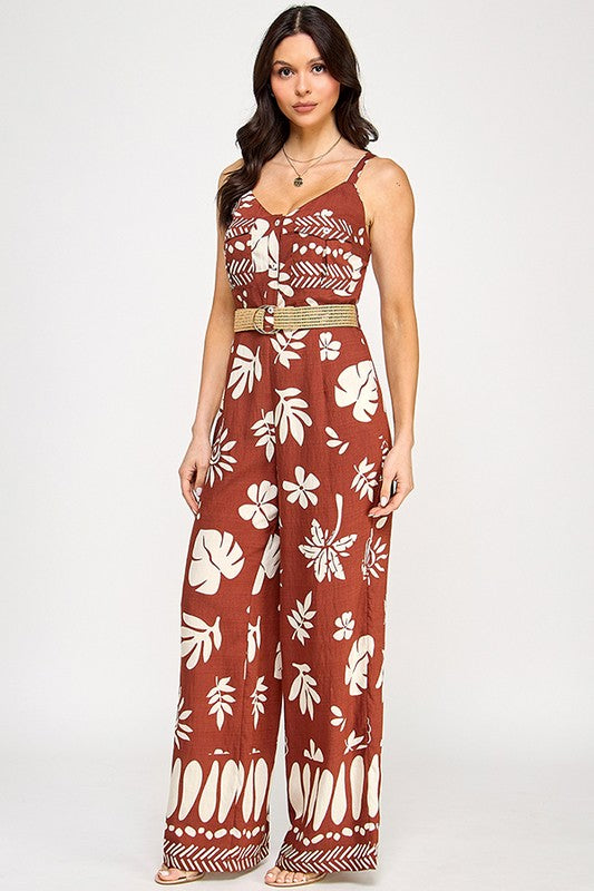 BORDER PRINTED SLEEVELESS JUMPSUIT