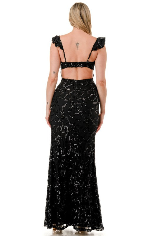 SEQUIN RIBBON RUFFLED MERMAID MAXI DRESS